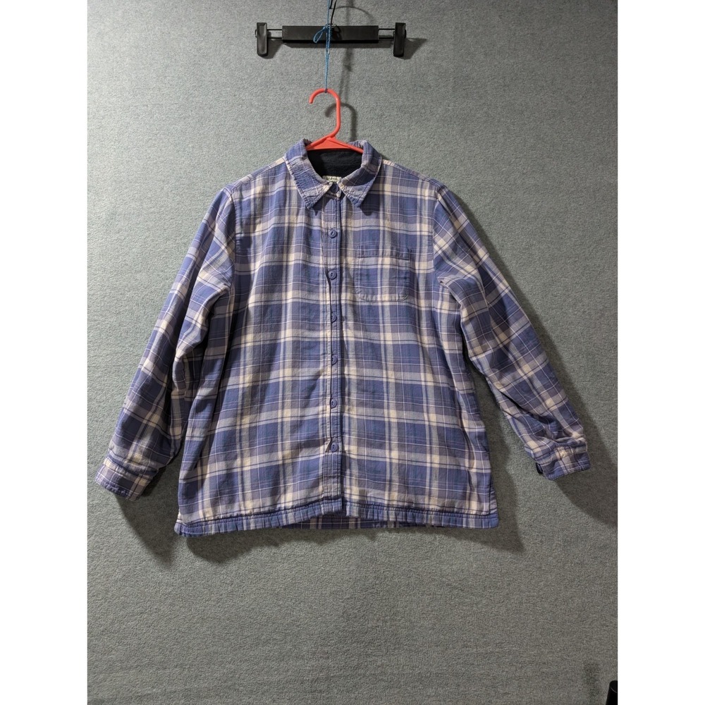 Vintage LL Bean Flannel Jacket Womens Small Petite Purple Plaid Fleece Lined 90s